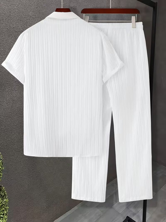 Men's Casual 2pcs Set, Featuring a Stand-up Collar Short-sleeve Cardigan and Elastic-waist Straight-leg Trousers, Suitable for Daily Casual Outings (White)