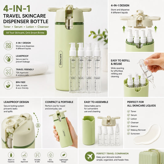 4 in 1 Travel Dispenser Bottles Shampoo Refillable Leak Proof TSA Compliant Size Containers Toiletries Toiletry with Pump Design Portable Organizer Conditioner Lotion Cream Vacation