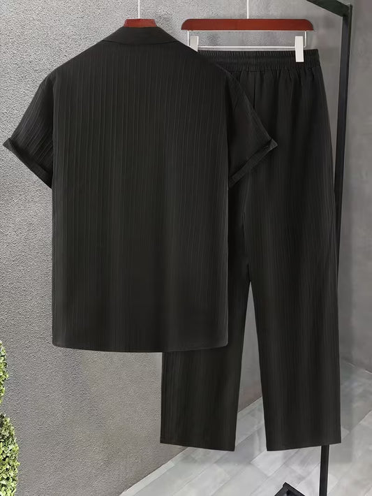 Men's Casual 2pcs Set, Featuring a Stand-up Collar Short-sleeve Cardigan andastic-w Elaist Straight-leg Trousers, Suitable for Daily Casual Outings (Black)
