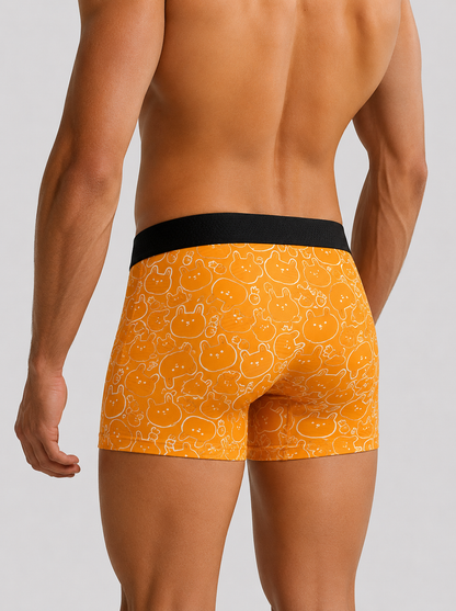 ZENVA Premium Men's Orange Cartoon Print Boxer Briefs – Ultra Soft, Breathable & 4-Way Stretch