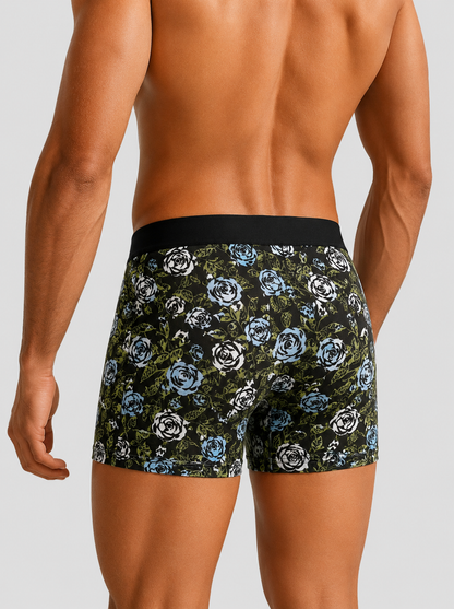 ZENVA Men’s Floral Print Boxer Brief – Olive Black & Blue Rose (PACK OF 3)