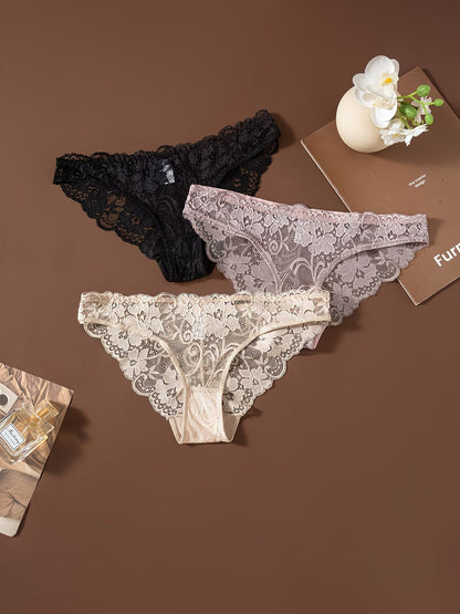 Luxury Floral Lace Bikini Panties – Ultra Soft Sheer Fit (Pack of 3)