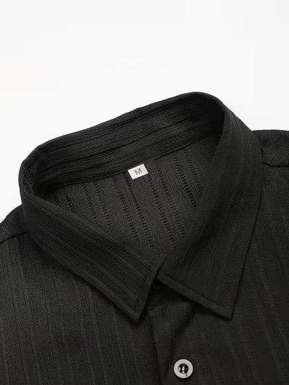 Men's Casual 2pcs Set, Featuring a Stand-up Collar Short-sleeve Cardigan andastic-w Elaist Straight-leg Trousers, Suitable for Daily Casual Outings (Black)