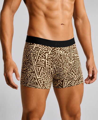 ZENVA Sandstone Tribal Print Boxer Briefs for Men | Ultra-Soft Stretch | Premium Everyday Underwear (PACK OF 3)