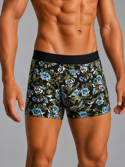 ZENVA Men’s Floral Print Boxer Brief – Olive Black & Blue Rose (PACK OF 3)