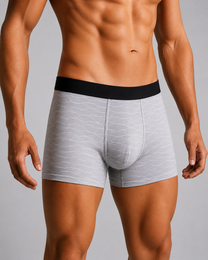 ZENVA Glacier Grey Wave Print Boxer Briefs for Men | Ultra-Soft Stretch | Breathable Everyday Comfort (PACK OF 3)