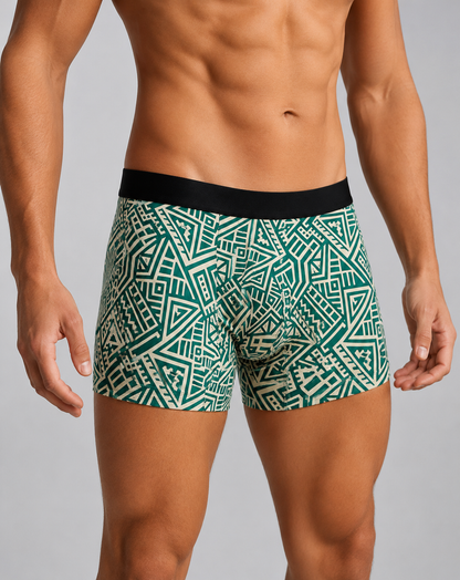 ZENVA Forest Green Tribal Print Boxer Briefs for Men | Ultra-Soft Stretch | Premium Performance Underwear (PACK OF 3)