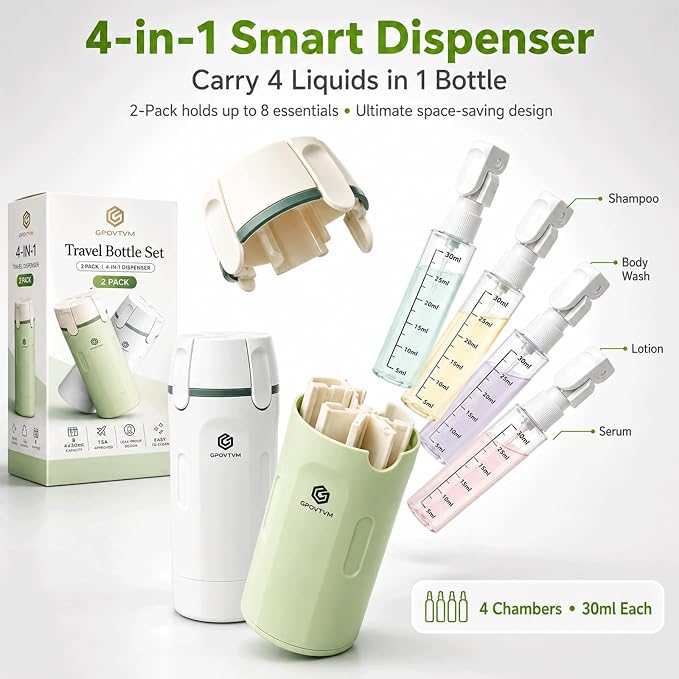 4 in 1 Travel Dispenser Bottles Shampoo Refillable Leak Proof TSA Compliant Size Containers Toiletries Toiletry with Pump Design Portable Organizer Conditioner Lotion Cream Vacation