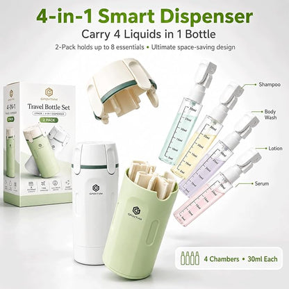 4 in 1 Travel Dispenser Bottles Shampoo Refillable Leak Proof TSA Compliant Size Containers Toiletries Toiletry with Pump Design Portable Organizer Conditioner Lotion Cream Vacation