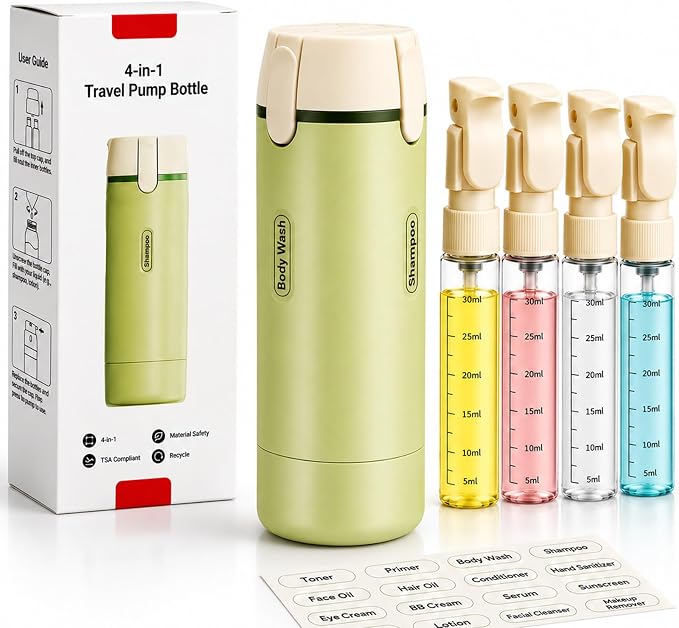 4 in 1 Travel Dispenser Bottles Shampoo Refillable Leak Proof TSA Compliant Size Containers Toiletries Toiletry with Pump Design Portable Organizer Conditioner Lotion Cream Vacation