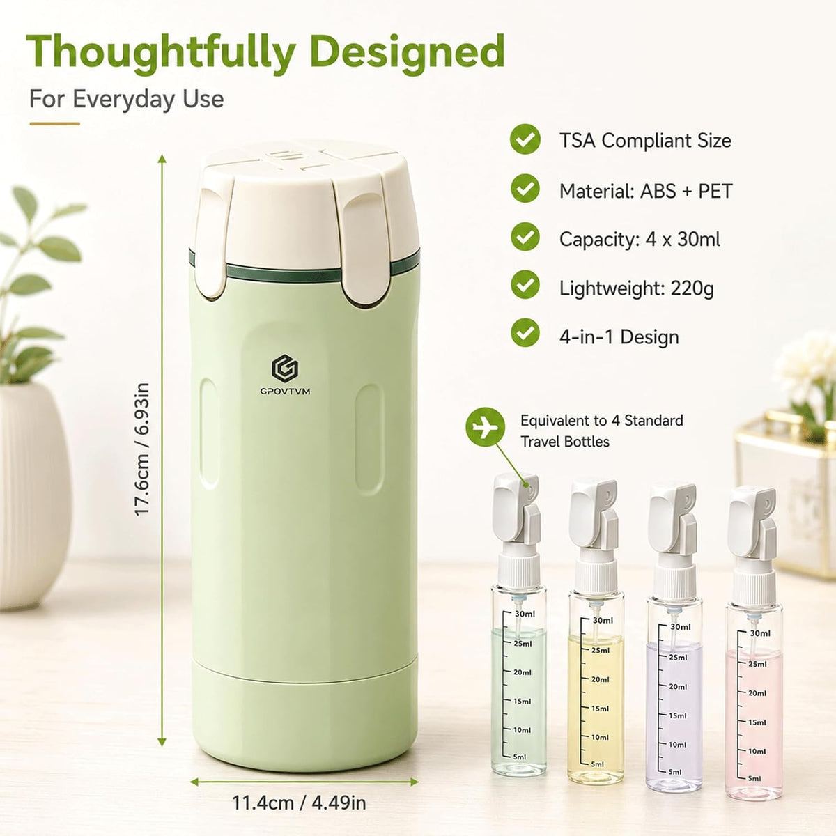 4 in 1 Travel Dispenser Bottles Shampoo Refillable Leak Proof TSA Compliant Size Containers Toiletries Toiletry with Pump Design Portable Organizer Conditioner Lotion Cream Vacation