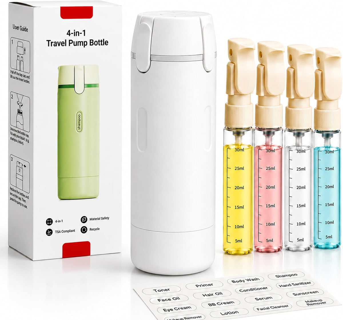 4 in 1 Travel Dispenser Bottles Shampoo Refillable Leak Proof TSA Compliant Size Containers Toiletries Toiletry with Pump Design Portable Organizer Conditioner Lotion Cream Vacation