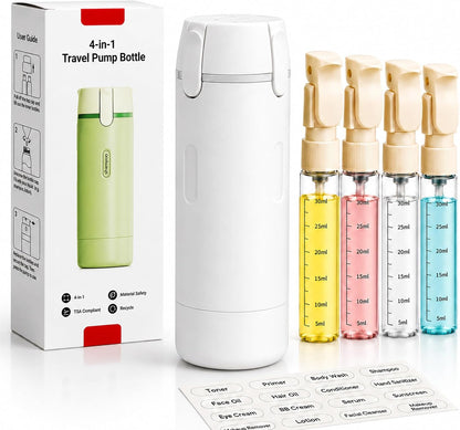 4 in 1 Travel Dispenser Bottles Shampoo Refillable Leak Proof TSA Compliant Size Containers Toiletries Toiletry with Pump Design Portable Organizer Conditioner Lotion Cream Vacation