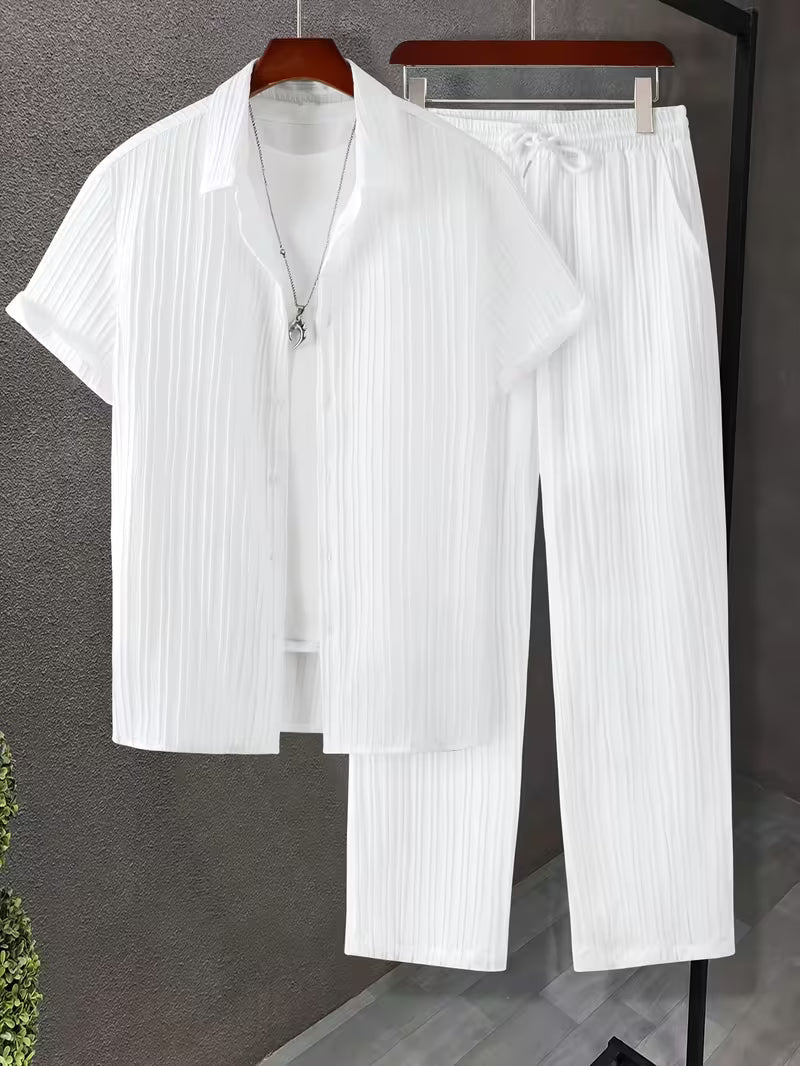 Men's Casual 2pcs Set, Featuring a Stand-up Collar Short-sleeve Cardigan and Elastic-waist Straight-leg Trousers, Suitable for Daily Casual Outings (White)