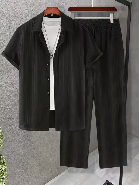 Men's Casual 2pcs Set, Featuring a Stand-up Collar Short-sleeve Cardigan andastic-w Elaist Straight-leg Trousers, Suitable for Daily Casual Outings (Black)