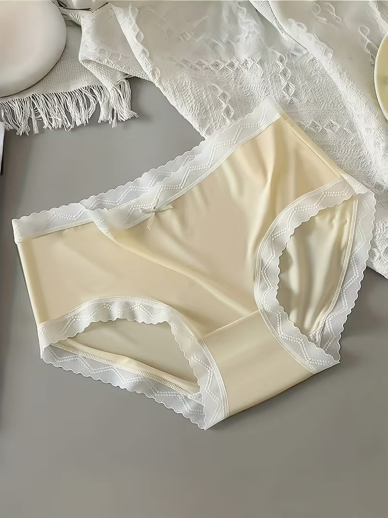 Women’s Lace Trim Mid-Waist Panties – Pack of 3 | Soft Stretch Briefs | Elegant Bow Detail Everyday Underwear