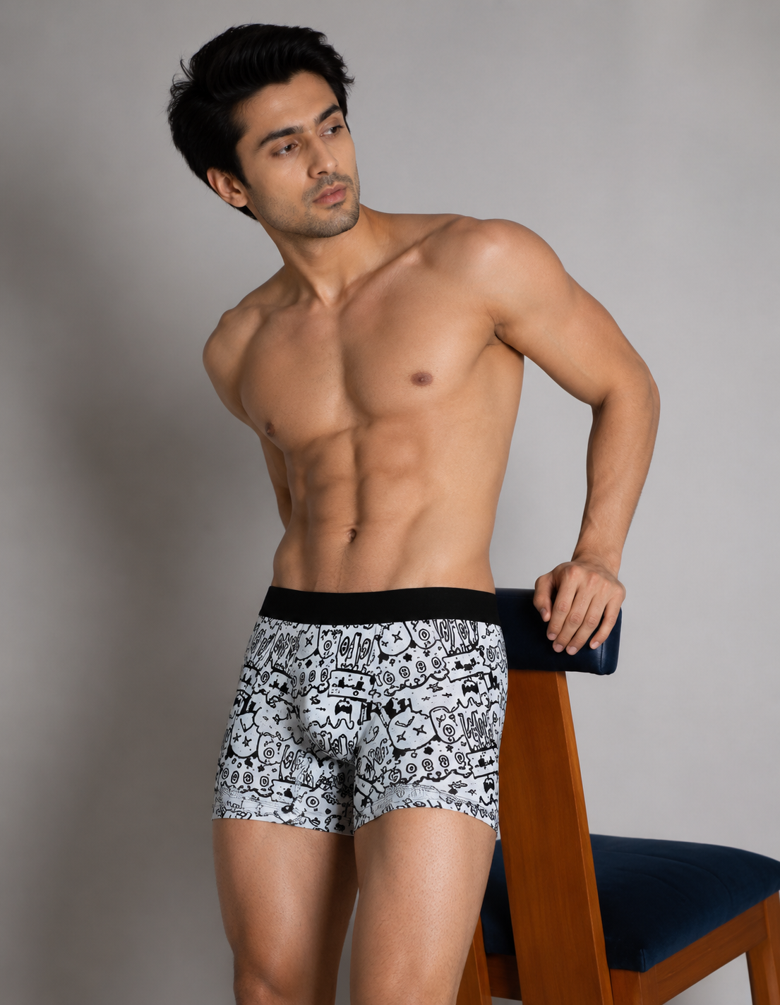 ZENVA Men’s Printed Boxer Brief – White Cartoon Doodle Print with Black Waistband (PACK OF 3)