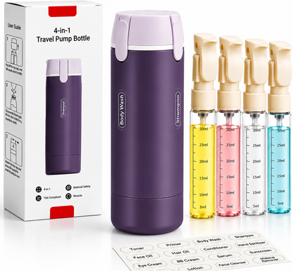 4 in 1 Travel Dispenser Bottles Shampoo Refillable Leak Proof TSA Compliant Size Containers Toiletries Toiletry with Pump Design Portable Organizer Conditioner Lotion Cream Vacation