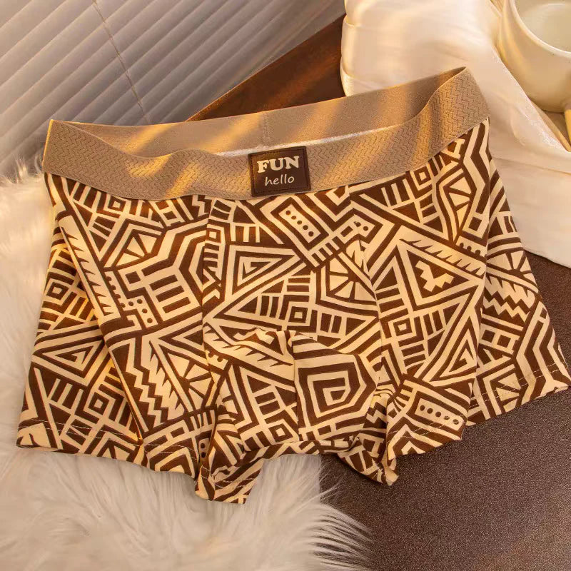 Boxer Briefs, Vintage Geometric Print, Textured Waistband, Comfortable and Breathable, Seamless Elastic, Vintage Light Luxury Ethnic Style