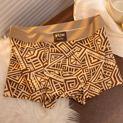 Boxer Briefs, Vintage Geometric Print, Textured Waistband, Comfortable and Breathable, Seamless Elastic, Vintage Light Luxury Ethnic Style