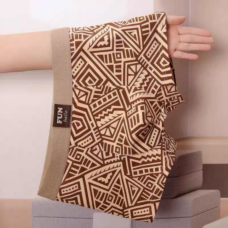 Boxer Briefs, Vintage Geometric Print, Textured Waistband, Comfortable and Breathable, Seamless Elastic, Vintage Light Luxury Ethnic Style