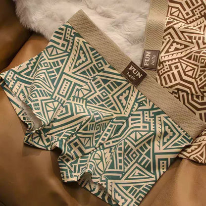 Boxer Briefs, Vintage Geometric Print, Textured Waistband, Comfortable and Breathable, Seamless Elastic, Vintage Light Luxury Ethnic Style