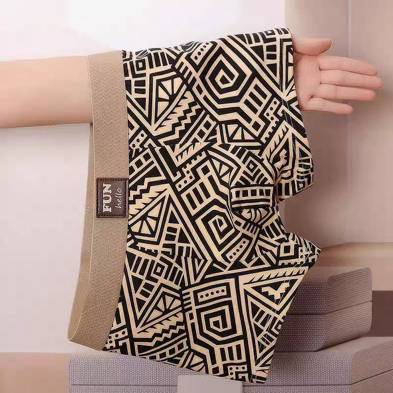 Boxer Briefs, Vintage Geometric Print, Textured Waistband, Comfortable and Breathable, Seamless Elastic, Vintage Light Luxury Ethnic Style