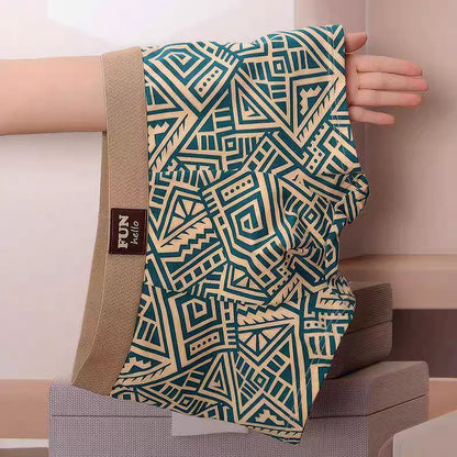 Boxer Briefs, Vintage Geometric Print, Textured Waistband, Comfortable and Breathable, Seamless Elastic, Vintage Light Luxury Ethnic Style
