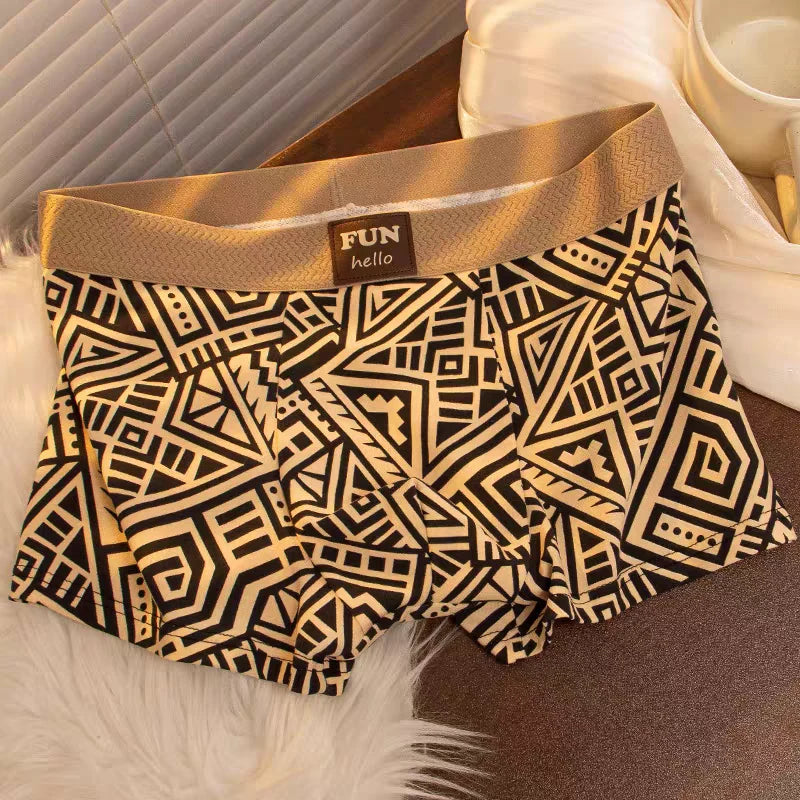 Boxer Briefs, Vintage Geometric Print, Textured Waistband, Comfortable and Breathable, Seamless Elastic, Vintage Light Luxury Ethnic Style