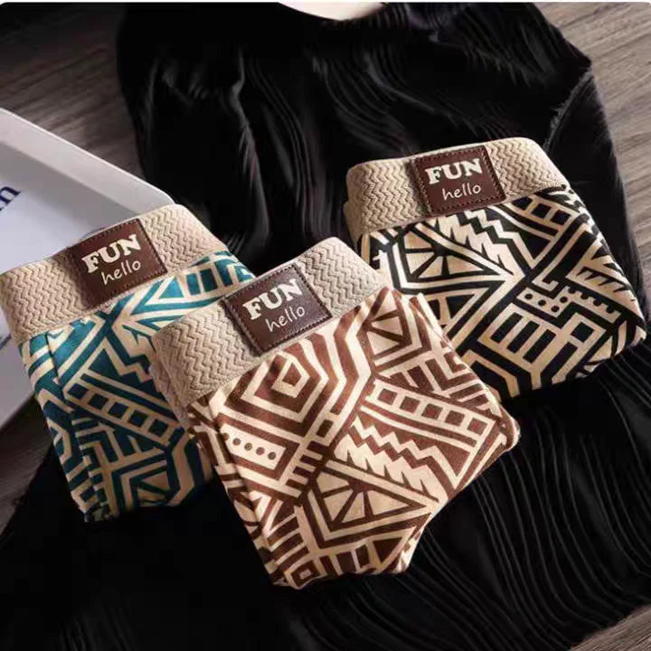 Boxer Briefs, Vintage Geometric Print, Textured Waistband, Comfortable and Breathable, Seamless Elastic, Vintage Light Luxury Ethnic Style