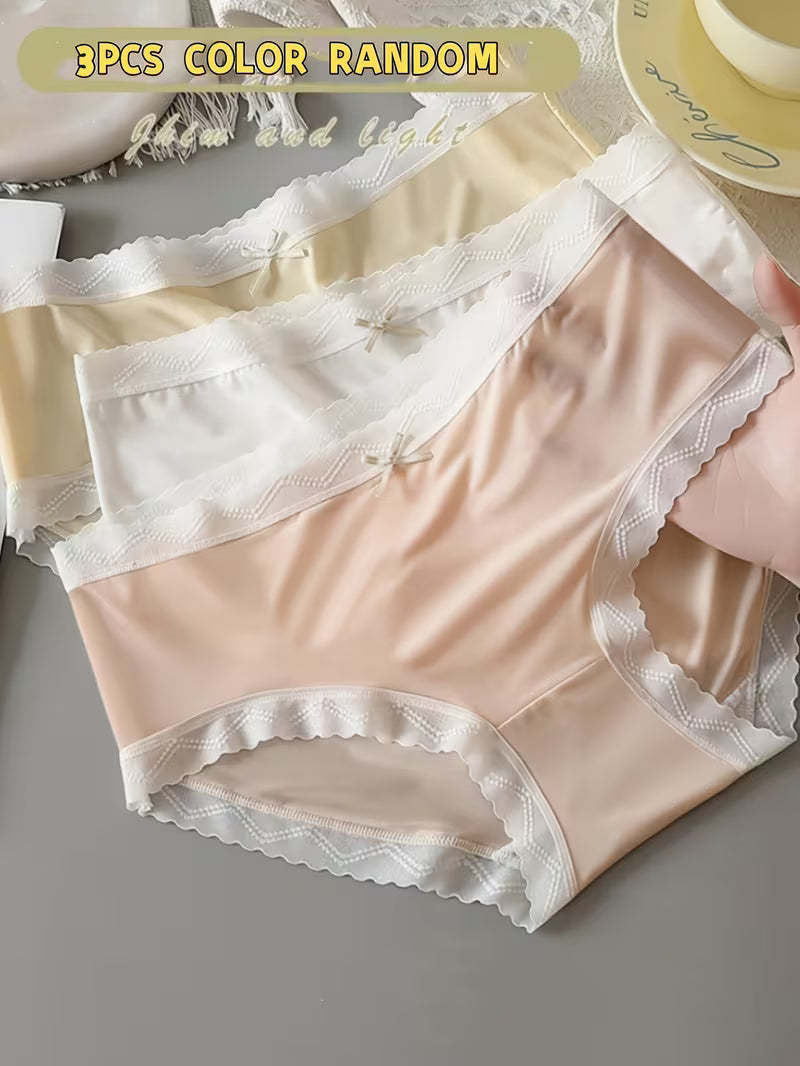 Women’s Lace Trim Mid-Waist Panties – Pack of 3 | Soft Stretch Briefs | Elegant Bow Detail Everyday Underwear