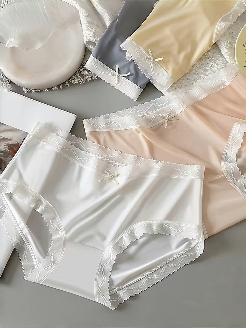 Women’s Lace Trim Mid-Waist Panties – Pack of 3 | Soft Stretch Briefs | Elegant Bow Detail Everyday Underwear