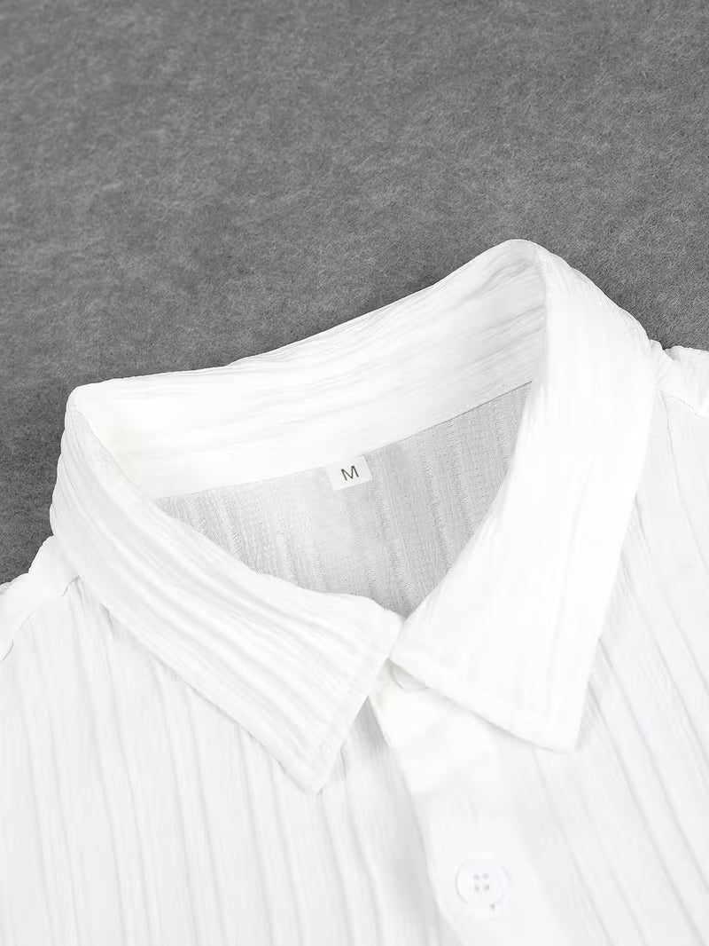 Men's Casual 2pcs Set, Featuring a Stand-up Collar Short-sleeve Cardigan and Elastic-waist Straight-leg Trousers, Suitable for Daily Casual Outings (White)