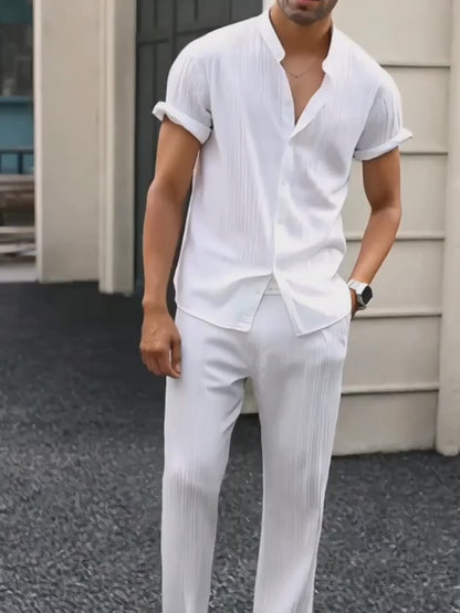 Men's Casual 2pcs Set, Featuring a Stand-up Collar Short-sleeve Cardigan andastic-w Elaist Straight-leg Trousers, Suitable for Daily Casual Outings (Black)
